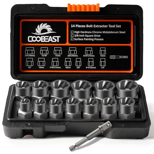 Coobeast Bolt Extractor Set Heavy Duty, 13Pcs Bolt Extractor Kit with 3/8 Inch Adapter, Stripped Lug Nut Remover, Easy Out Bolt Remover Set for Rusted, Rounded, Damaged Nuts Screws