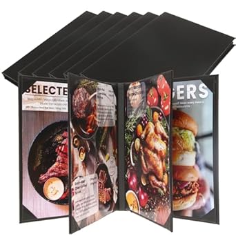 DUPDMKIN Menu Holder 8.5&#34; x 11&#34; PU Leather Menu Covers 6 Pack Menu Holders Black Menu Cover with 6 Inside Pockets Elegant Restaurant Menu Covers for Hotel, Coffee, Bar (6 Pack, 6 Views)