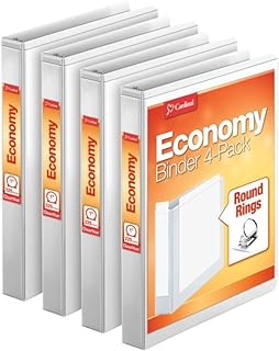 Cardinal Economy 3 Ring Binder, 1 Inch, Presentation View, White, Holds 225 Sheets, Nonstick, PVC Free, 4 Pack of Binders...