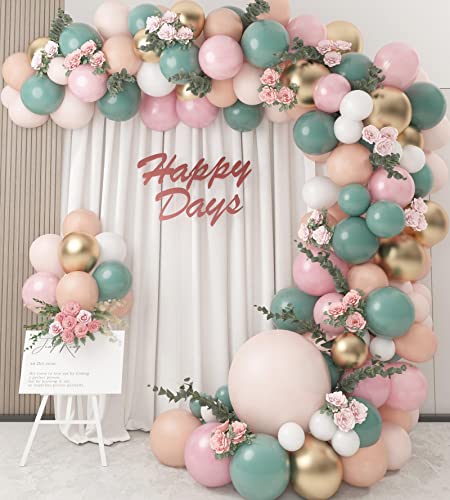 124PCS Sage Olive Green Blush Pink Peach Balloons Balloon Garland Arch Kit, Artificial Vines Eucalyptus Garland, Safari Wild One Green Baby Shower Birthday Balloons Party Decorations for Boys Girls