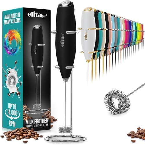 ElitaPro Powerful Milk Frother Wand - Handheld Coffee Frother - Mini Foam Maker with Stand - Whisk Drink Mixer & Foamer for Coffee, Latte, Cappuccino, Frappe, Matcha, Hot Chocolate (Black)