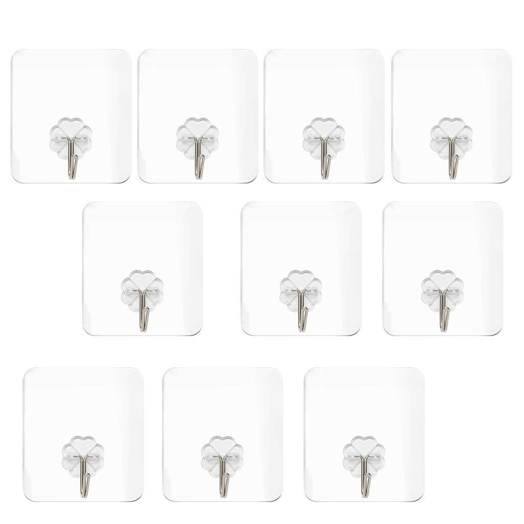 HASTHIP® Hooks for Wall Without Drilling, Waterproof Stick on Adhesive Stronger Plastic Wall Hooks Hangers for Hanging Robe, Coat, Towel, Keys, Bags, Lights, Calendars - Pack of 10, Transparent