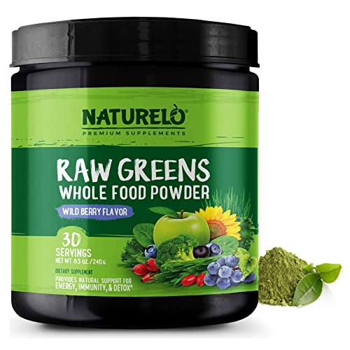 organic fruit vegetable powder - NATURELO Raw Greens Superfood Powder - Wild Berry Flavor - Boost Energy, Detox, Enhance Health - Organic Spirulina - Wheat Grass - Whole Food Nutrition from Fruits & Vegetables - 30 Servings