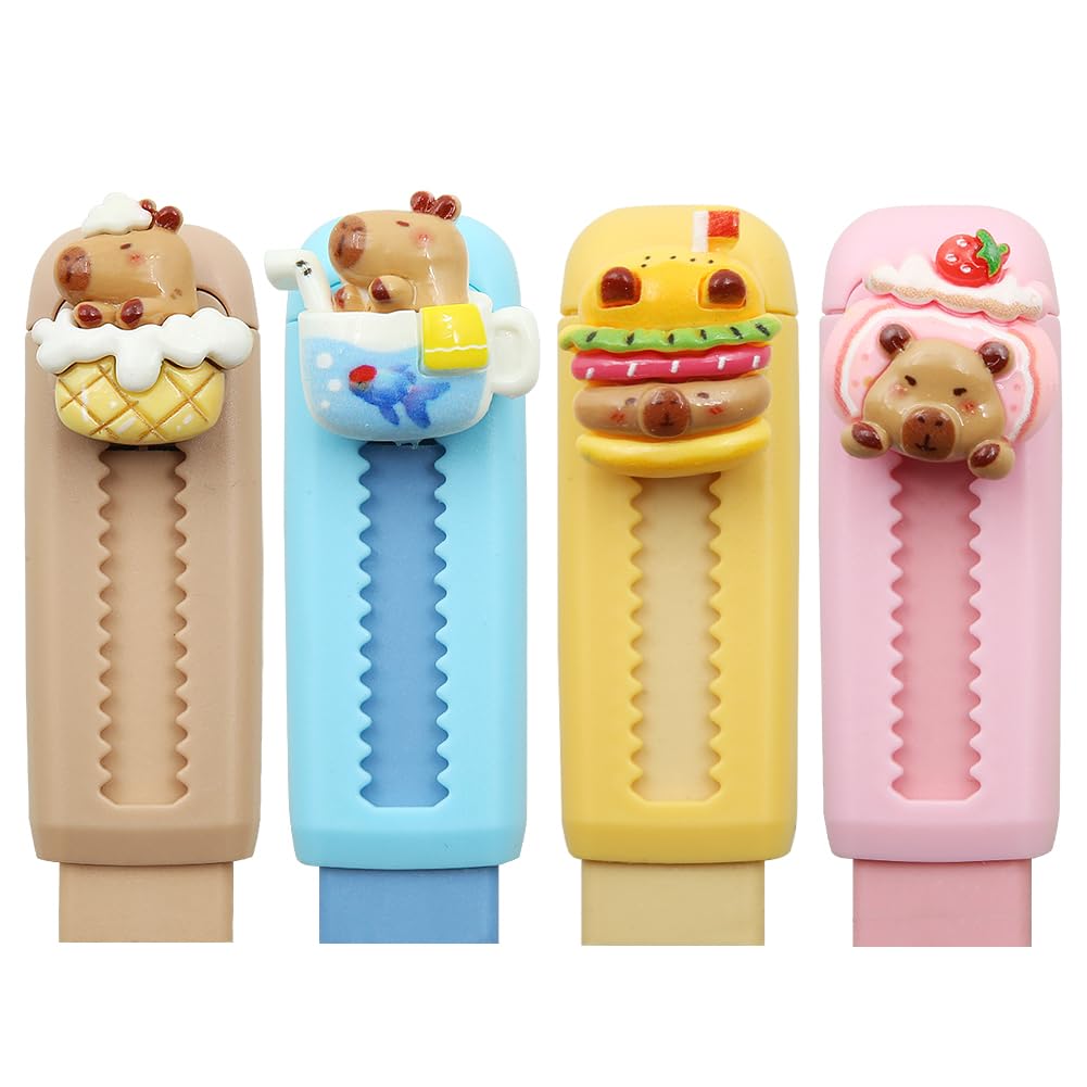 Capybara Retractable Erasers, 4 PCS Cute Rubber, Push-Pull Rubber Eraser, Pencil Erasers Cute Erasers for Kids Boys Girls Students Capybara Lovers School Office Supply Stationery