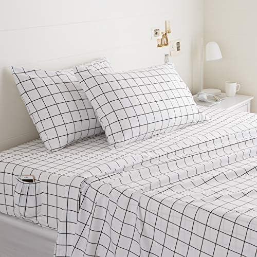 Amazon Basics Soft Microfiber Sheet Set with Elastic Pockets - Full, Black Grid