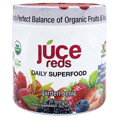 organic fruit vegetable powder - JUCE Reds Organic Superfood Powder - Garden Berry Flavor | Fruit and Veggie Powder for Kids & Adults w/ 64 Immune Boosting Superfoods Plus Probiotics for Gut Health | 20 Servings (230g)