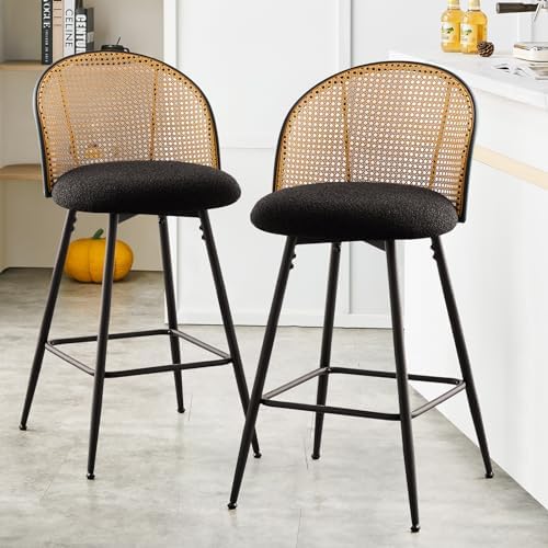 Bekrvio Swivel Counter Height Bar Stools Set of 2, Mid Century Modern 26" Bar Chairs with Rattan Back & Metal Legs, Upholstered Boucle Fabric Barstools Island Stools for Kitchen Counter Home Bar,Black