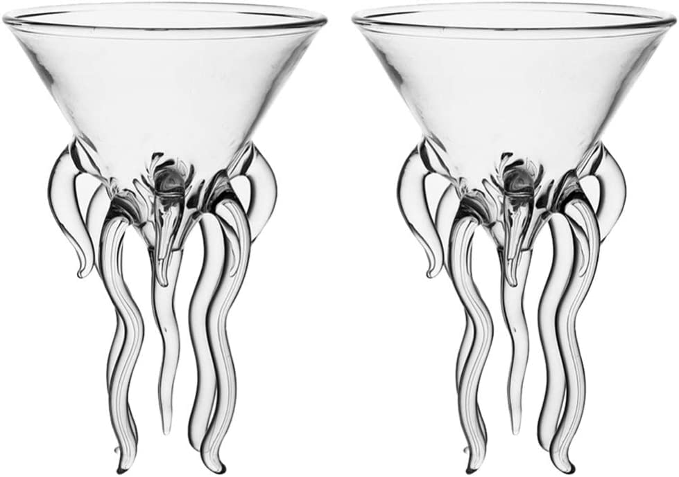 jaffiust 2pcs Octopus Cocktail Glass Martini Jellyfish Glass Wine Glasses Drinkware Bar Goblet Tools Tumbler Gift for Whiskey Home Party Banquet Wedding Transparent