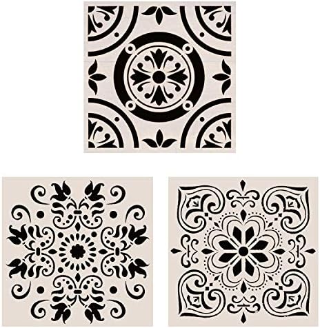 Lindin 3PCS Tile Stencil 12x12 Inch - Large Stencils Painting for Floor Wall Furniture Fabric Wood - Reusable Art Mandala Stencils Painting (Style 1)