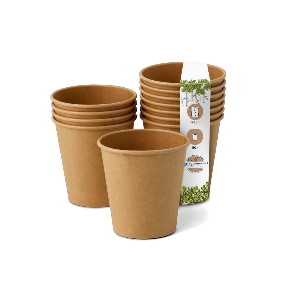 GREENBOX Pack of 50 180 ml / 7.5 oz brown paper cups, diameter 70 mm, environmentally friendly, recyclable and unbleached, coffee cups to go