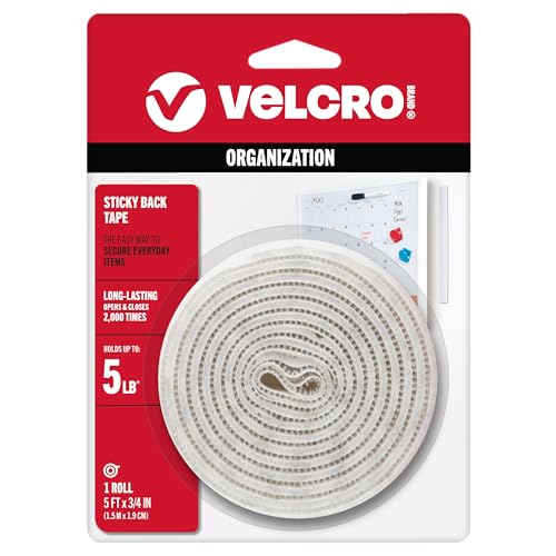 VELCRO Brand 5 Ft x 3/4 In | White Tape Roll with Adhesive | Cut Strips to Length | Sticky Back Hook and Loop Fasteners | Perfect for Home, Office or Classroom