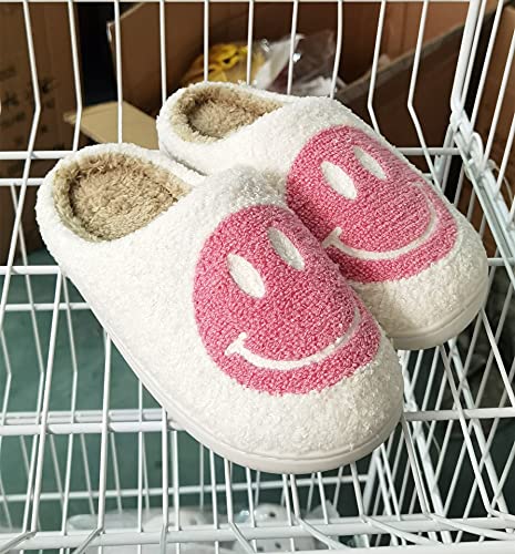 Jeauseul Retro Smiley Face Soft Plush Comfy Warm Slip-on Men's Slippers Women's Comfy Faux Fur House Slipper Slip Pink