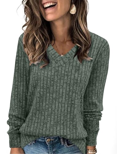 SAMPEEL Womens Long Sleeve Tops Casual V Neck Fall T Shirts Christmas Sweaters Winter Clothes Green M