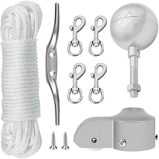 NQ Flagpole Hardware Repair Parts Kit - 50 Feet Halyard Rope + 3" Silver Ball + 6" Zinc Alloy Cleat + 4 PCS Clips + Cast A...