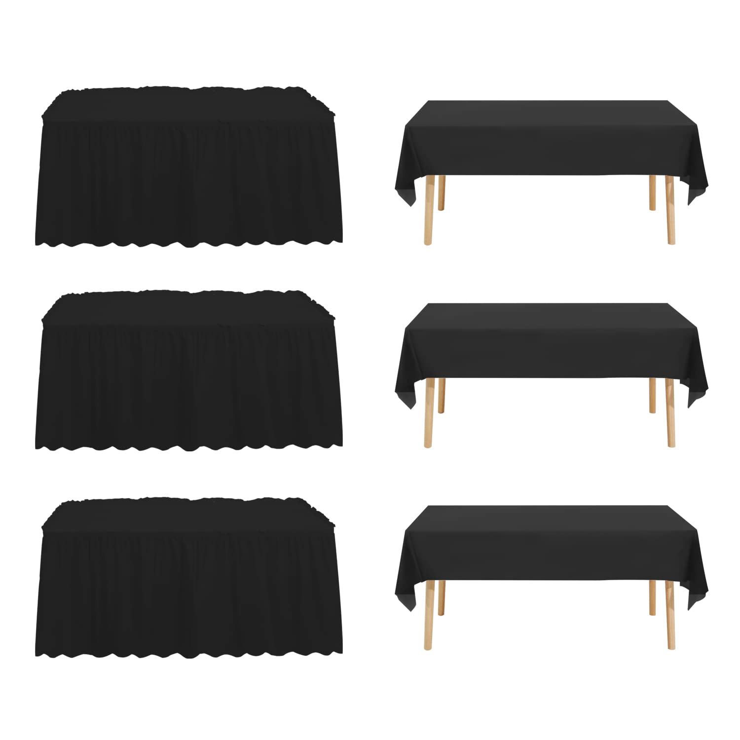 JHDZDHY 3 Packs 54x108inch Plastic Tablecloth and 3 Packs 14FT Plastic Table Skirt,Disposable Rectangle Tablecloth Set Disposable Table Covers for Wedding, Party, Baby Shower (Black)