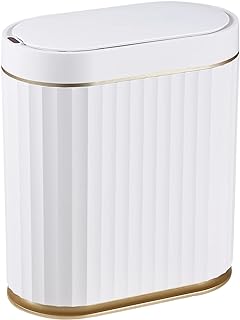 ELPHECO Automatic Motion Sensor Trash Can - 2 Gallon Slimline for Bathroom, Bedroom, Kitchen, Office - White with Gold Trim