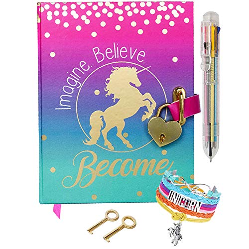 Diary for Girls with Upgraded Lock and Keys - Unicorn Journal Includes Adjustable Bracelet and Multi-Colored Push-Pen | Enjoy Both Lined and Blank Notebook Pages for Secret Writing and Drawing