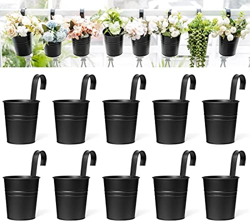 Dahey 10 Pcs Hanging Flower Pots Metal Iron Bucket Planter for Railing Fence Balcony Garden Home Decoration Flower Holders with Detachable Hooks, Black, 4 Inches