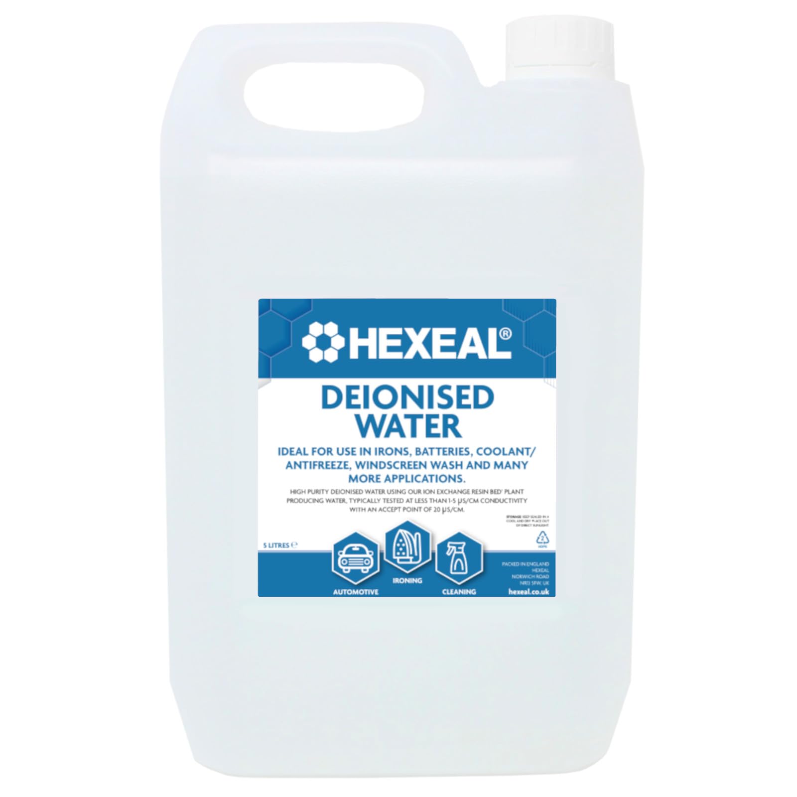 Hexeal Deionised Water 5L – 5L of Deionised Water for Steam Irons, Car Batteries, Windscreen Fluid & Antifreeze – Demineralised Water, Reduces Limescale Deposits & Water Stains – For Lab Use