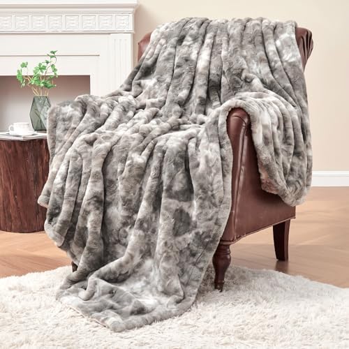 Krifey Oversized Faux Fur Blanket, Super Soft Cozy Blanket, Luxury Fluffy Throw Blanket Fuzzy Bed Throw, Plush Christmas Blanket Gift for Women, Marbled Gray 60" x 80"