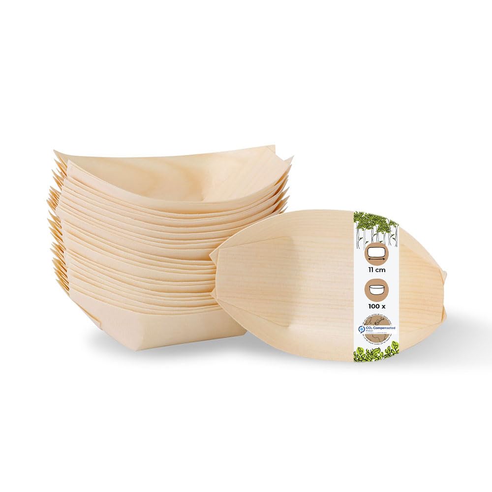 GREENBOX Wooden Bowl Boats Made of Pine Wood I Organic Disposable Tableware Sustainable and Compostable I Snack Bowl for Finger Food Curry Sausage Chips Sushi I Serving Bowl Cold and Warm Food Pack of