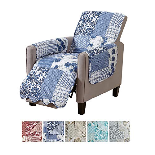 quilted chair cover - Great Bay Home Patchwork Scalloped Printed Furniture Protector. Stain Resistant Recliner Cover. (Recliner, Navy)