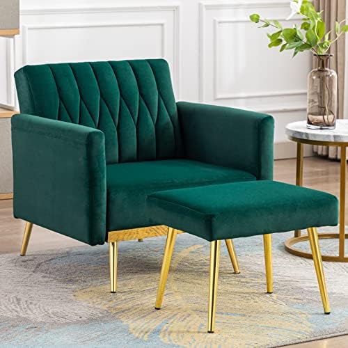 Paddie Modern Velvet Single Sofa Chair with Ottoman, Accent Living Room Chairs with Adjustable Armrests, Upholstered Tufted Lounge Chair for Home, Bedroom, Office