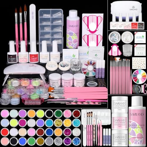 SAVILAND Acrylic Nail Kit with Everything for Beginners: Acrylic Powder and Liquid Set with Gel Nail Polish Nail Lamp Base & Top Gel Acrylic Nail Brush Professional Nail Kits Acrylic with Everything