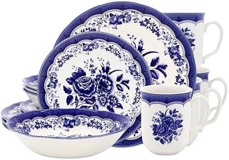 Tudor Royal 16-Piece Porcelain Round Dinnerware Set, Service for 4, Victoria Blue Design, Blue Floral, Plates Bowls Dishes, Glossy, Premium Quality Tableware, Unique Pattern