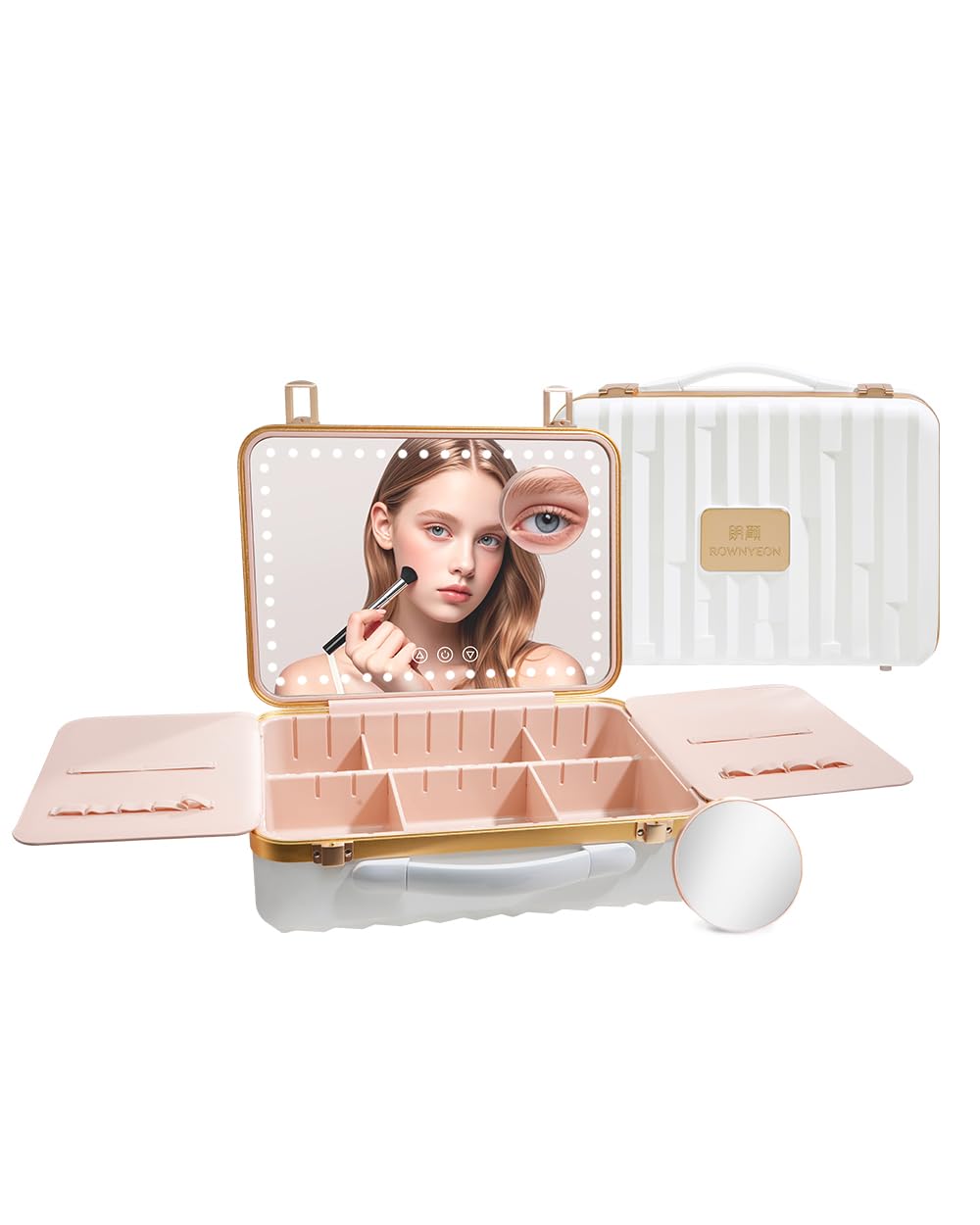 CamdeezROWNYEON Travel Makeup Train Cases with Light Up Mirror with Adjustable Dividers Makeup Organizer for Brushes & Makeup Tools, White1, L