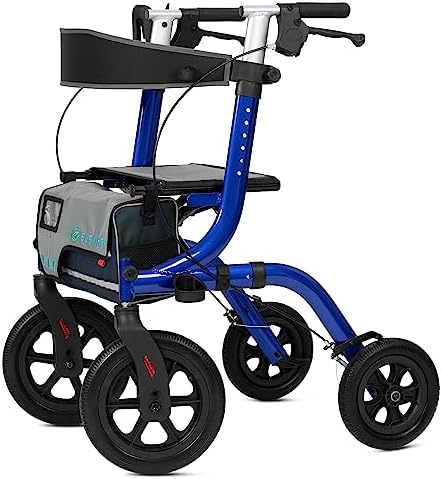 ELENKER All-Terrain Rollator Walker with Seat, Outdoor Rolling Walker, 12” Non-Pneumatic Tire Front Wheels, Compact Folding Design for Seniors, Blue