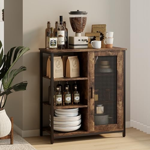 LVSOMT Mini Coffee Bar Cabinet with Storage, 27.5'' Small Kitchen Bar Table, Cute Corner Bar Cabinet for Tea, Buffet Sideboard Cabinet for Dining Room, Farmhouse Coffee Station for Wine (Brown)