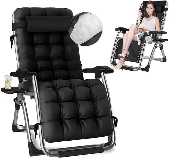 Lounges Chair, Adjustable Steel Mesh Zero Gravity Chair Folding Recliner w/Pillows and Cup Holder - Best Choice for Pool Office Yard Beach (Black)