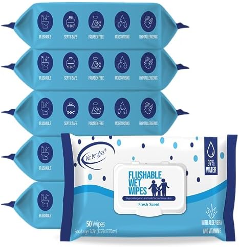 Air Jungles Flushable Butt Wet Wipes 6 Packs, 300 Gentle Cleansing Feminine Wipes, Large 7"x7" Size, Fresh Scent, Moisturizing with Aloe Vera & Vitamin E, for Adults and Babies