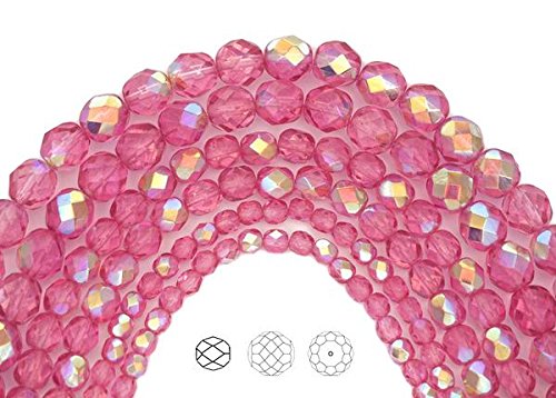 3mm (135 Beads) Crystal Pink Rose AB Coated, Czech Fire Polished Round Faceted Glass Beads, 16 inch Strand