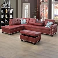 DHPM Leather L-Shaped Corner Sectional Sofa Set with Storage Ottomans, Cup Holder, Nails Upholstered Modular Sofa & Couch (10