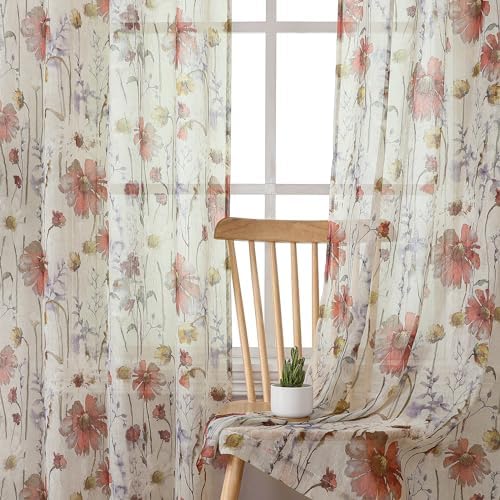 OWENIE Crushed Sheer Curtains 84 Inch Length 2 Panels Set, Sheer Floral Curtains Printed Drapes on Sheers for Living Room, Rod Pocket Light Filtering Window Sheers (2 Panels, 42" x 84")