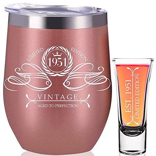 1951 70th Birthday Gifts For Women 70th Birthday Decorations Present for Women Funny Present Ideas Her Wife Mom Rose Gold Wine Tumbler 12 Oz Stainless Steel Insulated Shot Glass 70 Anniversary