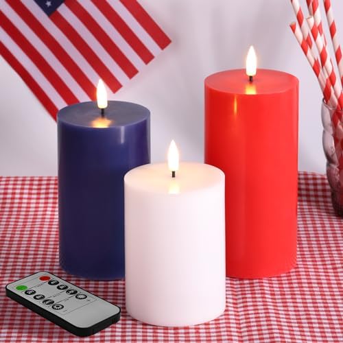 Eywamage Patriotic Flameless Pillar Candles with Remote, 4th of July Battery Operated LED Candles Set of 3