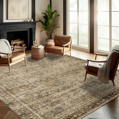 CHAMPLANT Area Rug 8x10 Washable Rug Brown Vintage Rug Traditional Mat Distressed Indoor Foldable Thin Rug Retro Accent Rug Floral Print Rug Non Slip Carpet Living Room Dining Room Office