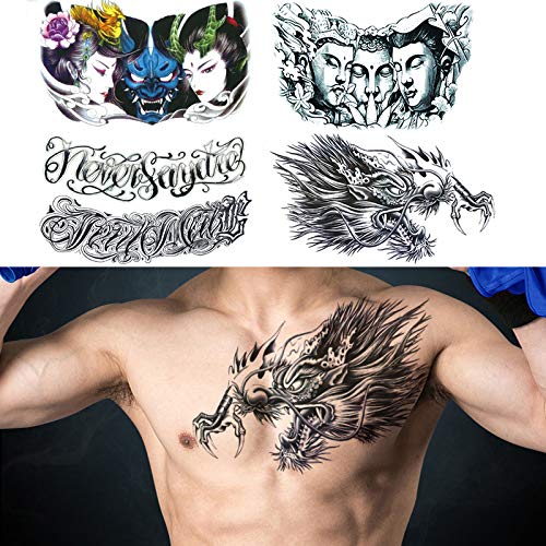 glaryyears 5 Sheets Large Size Chest Temporary Tattoos for Men, Dragon Buddha Beauty Women Letters Designs, on Shoulder Thorax Back Body Art 7.5''x12.6”