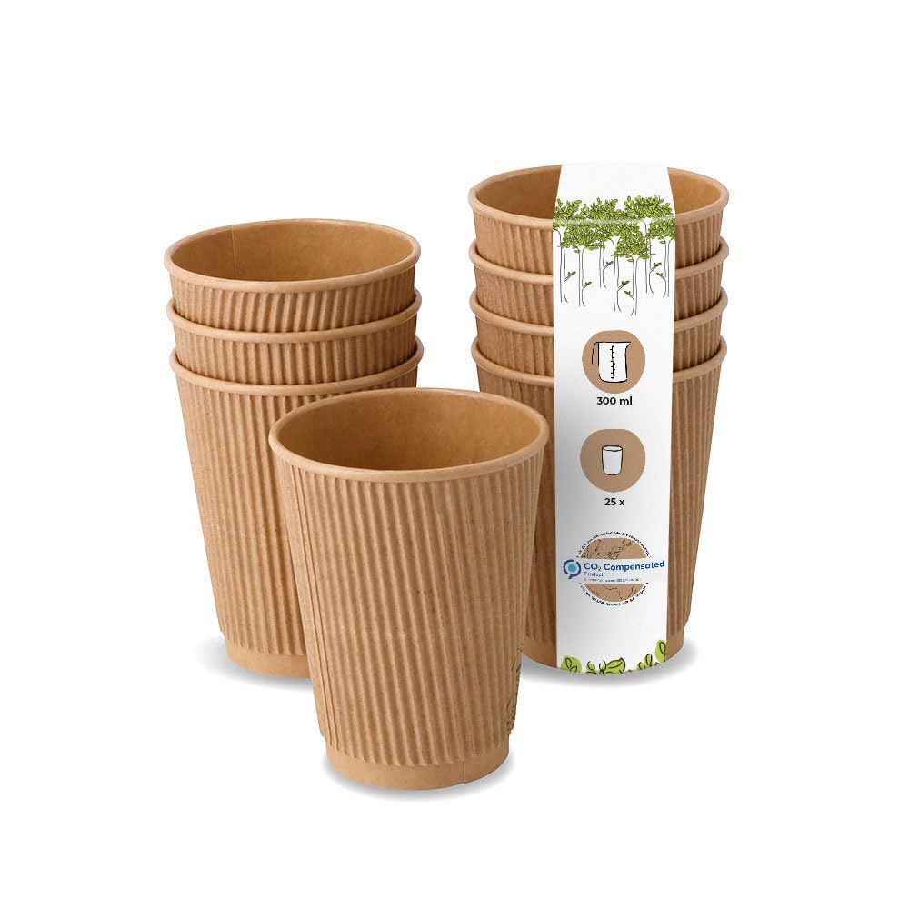 GREENBOXPack of 25 Ripple Cups To Go Paper Cups Made of Brown Kraft Cardboard Unbleached I Environmentally Friendly Coffee Drinking Cups Disposable Organic Unprinted 300 ml, 12 oz I 100%