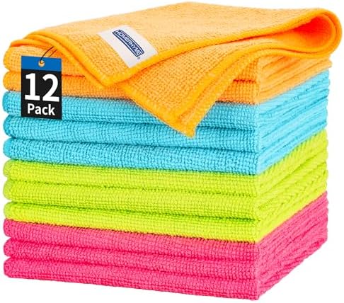 HOMERHYME Microfiber Cleaning Cloth, 12 Pack Cleaning Rags, 12" x 12" Microfiber Towel, Lint Free Non-Abrasive Dusting Cloth, Microfiber Towels for Cars Kitchen Garage House Office