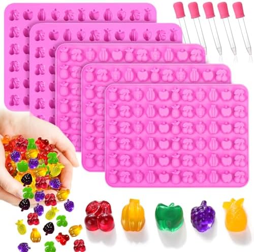 Mity rain 5pcs Fruit Snack Molds Silicone Bpa Free, Gummy Candy Molds Chocolate Molds With 5pcs Dropper For Kids, Including Mini Pineapple, Banana, Cherry, Apple, Grape Shape