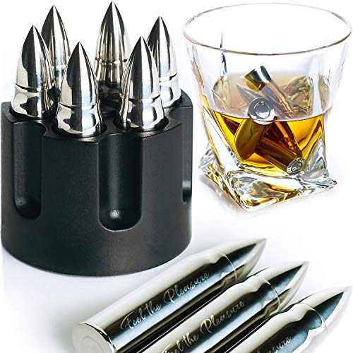 WHISKEY STONES EXTRA LARGE 6 PCS STAINLESS STEEL SILVER BULLETS with Revolver Barrel Base Laser Engraved Ice Cubes Chillers Reusable Chilling Rocks Stone Gift Set for Men Fathers Day Military Man