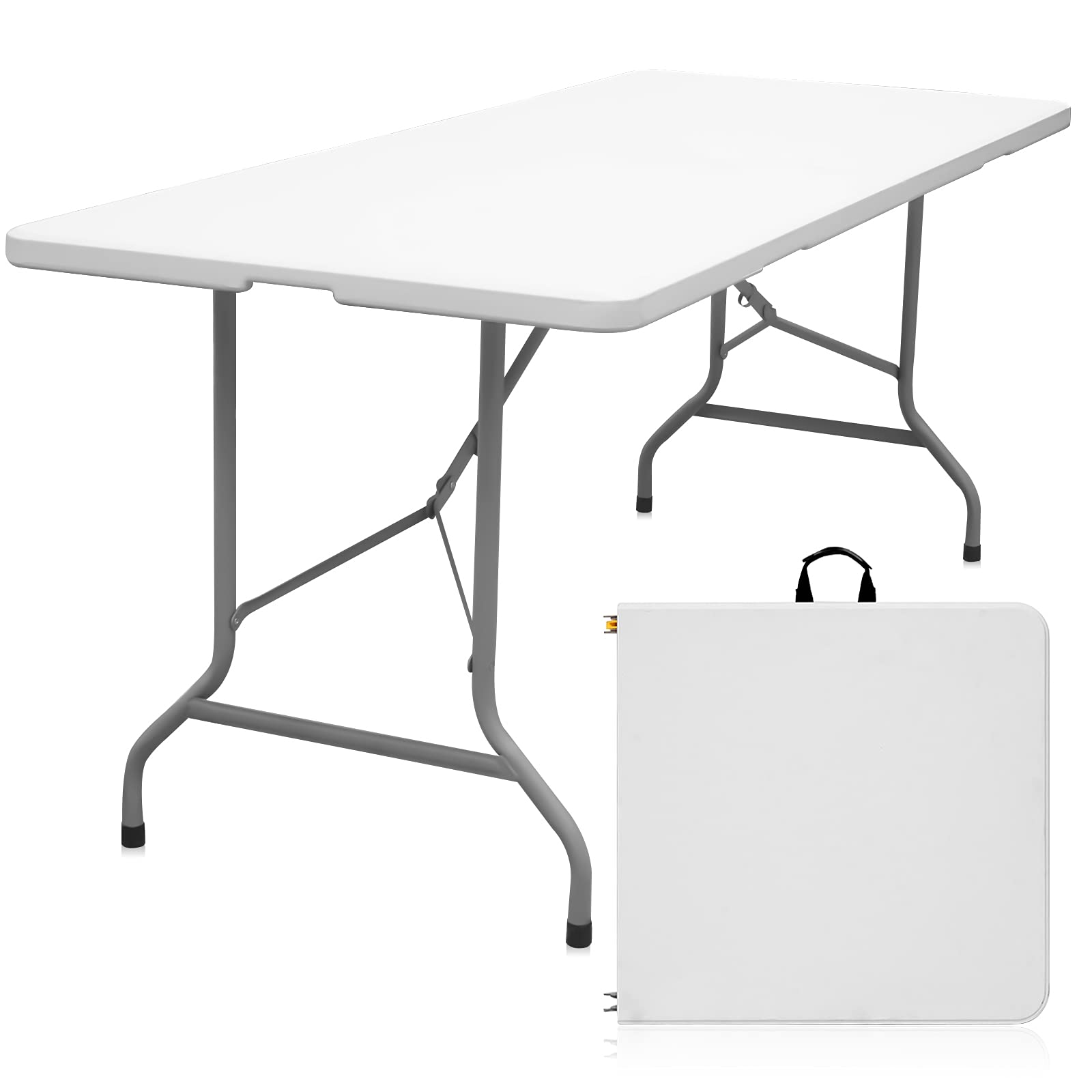 Folding Table 6ft Portable Heavy Duty Plastic Fold-in-Half Utility Foldable Table Plastic Dining Table Indoor Outdoor for Camping, Picnic and Party, White