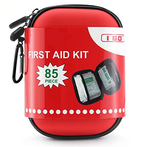 I GO 85 Pieces Hard Shell Mini Compact First Aid Kit, Small Personal Emergency Survival Kit for Travel Hiking Camping Backpacking Hunting Marine Car, Red (Sports)