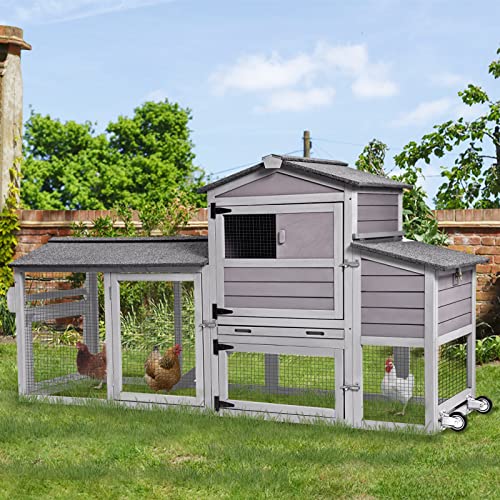 Chicken Coop Hen House with Wheel Portable Wooden Poultry Cage with Nesting Box and Run 80