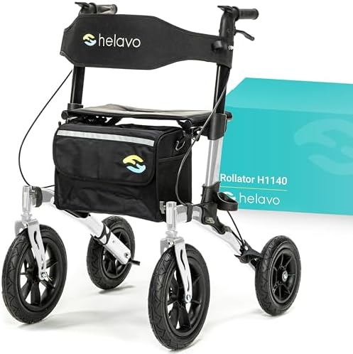 Helavo All Terrain Walker with Puncture-Proof, Flat-Free Solid Rubber Tires, 12" Wheels - Foldable Outdoor Walker for Seniors with Seat, Ergonomic Handles and Extra Padded Backrest