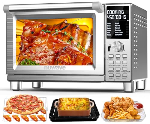 Nuwave Bravo Pro Smart Toaster Oven Countertop, True Air Fryer Combo w/Improved 100% Convection, 35% Crispier, 112 Presets, Customizable Pizza Zones, Integrated Probe, PFAS Free, 30QT, Stainless Steel